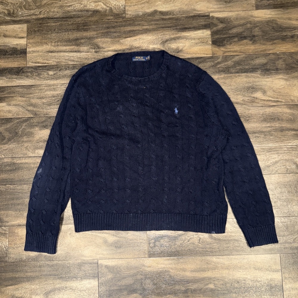 Polo Ralph Lauren Cable-Knit Pullover Crewneck Sweater Men's XL Navy Blue Pony